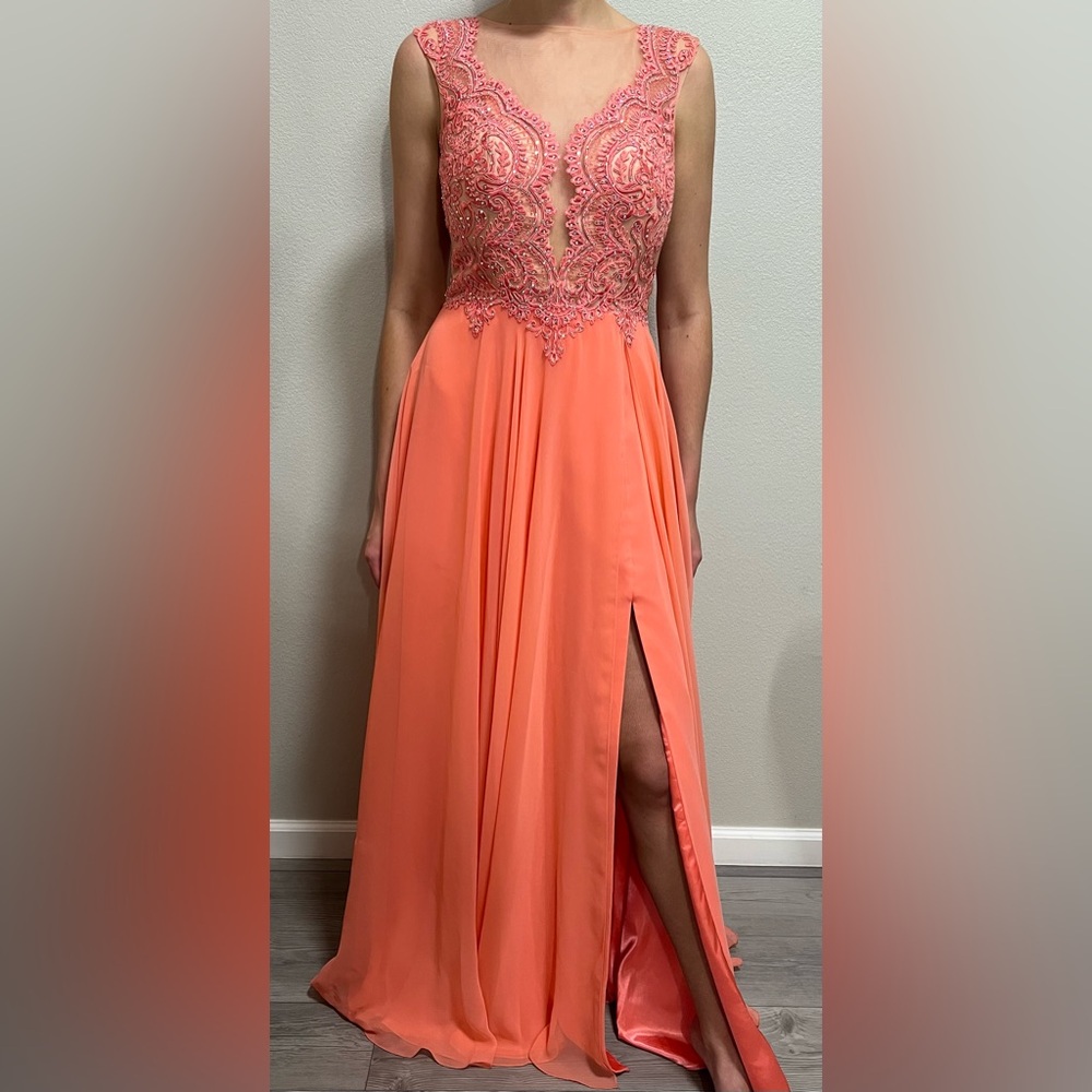 Tony Bowls Coral-Pink Embroidered Lace Bodice Prom Gown